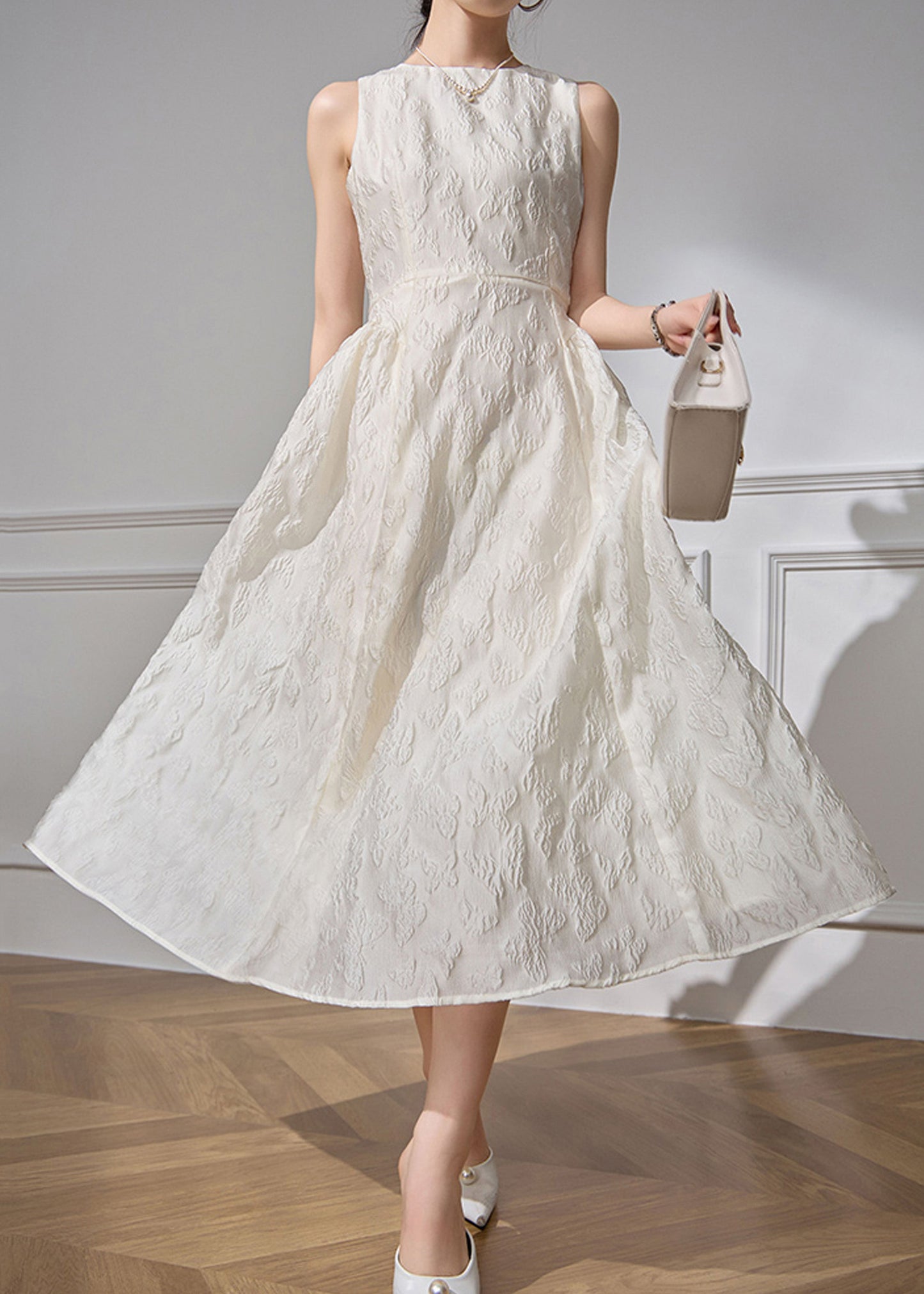 High White Dresses Waist O-Neck Sleeveless Jacquard Long Cotton FashionChic