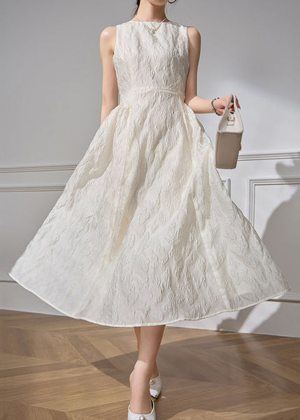 High White Dresses Waist O-Neck Sleeveless Jacquard Long Cotton FashionChic