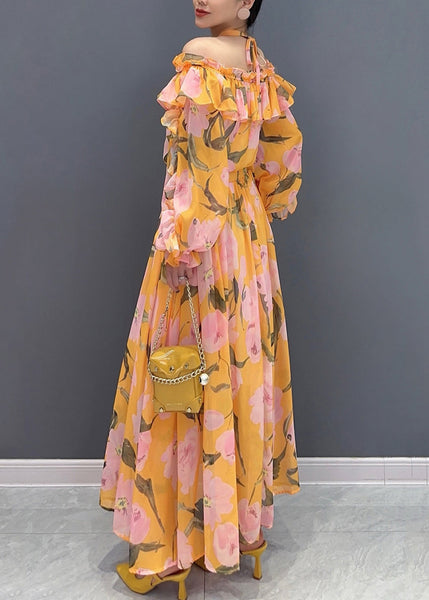Women Orange Slash Neck Cold Shoulder Patchwork Long Dress Long Sleeve AO1024 JDML-FDL240909