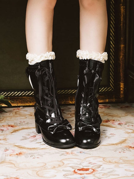 Embellishments Boots Mid-Heel - Sweet Black Bow FashionChic
