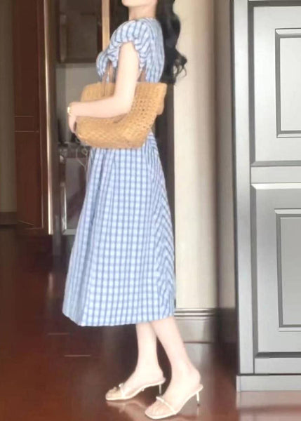 Style Light Blue O-Neck Plaid Tie Waist Long Dress Short Sleeve AZ1023 shopify