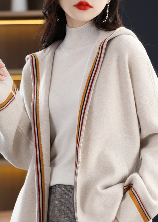 Unique Beige Zippered Patchwork Cozy Woolen Hoodie Cardigans Winter WV020 ABC
