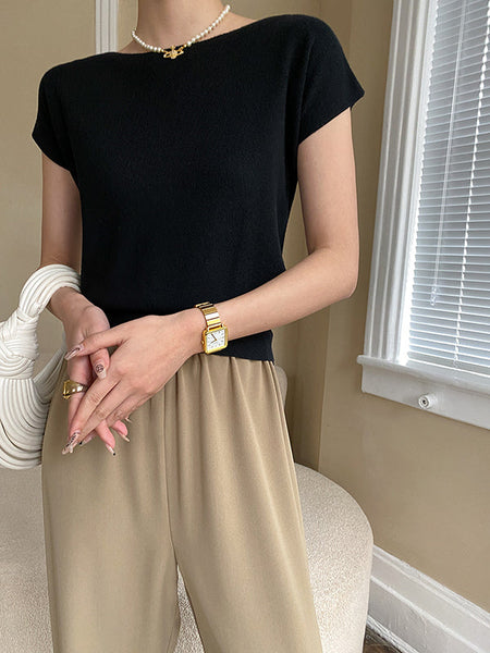 Pink Sleeve Top Short Knit Boat Loose Neck Stylish FashionChic