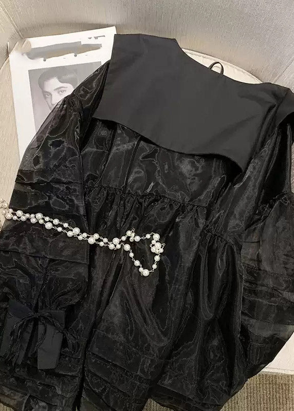 French Black Sleeve Neck V Tulle Long Patchwork Mid Dresses FashionChic