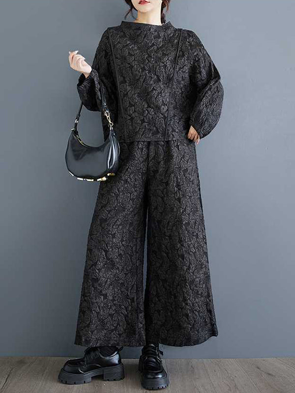 Classy Black Round-Neck Jacquard Raglan Long Sleeve And Elastic Waist Pockets Wide Leg Pants Set WS014 shopify