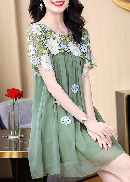 Boho Green O-Neck Embroidered Patchwork Tulle Mid Dresses Short Sleeve AZ1018 shopify