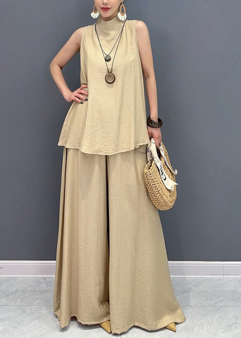 Loose Camel Tops And Wide Leg Pants Cotton Two Pieces Set Sleeveless AO1061 JDML-TPIEC240909