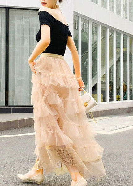 Cute Apricot Wrinkled Lace Patchwork Tulle Skirts Spring AZ1021 shopify