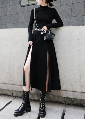 Cotton Open High Dresses Waist Spring Side Long Black FashionChic