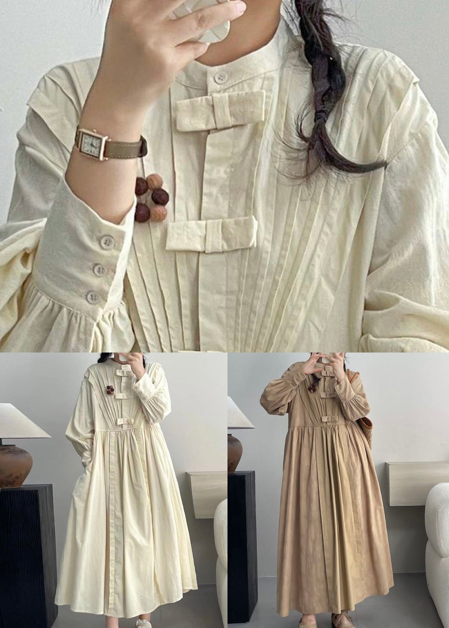 Khaki Pockets Solid Cotton Dresses Stand Collar Spring NN006 shopify