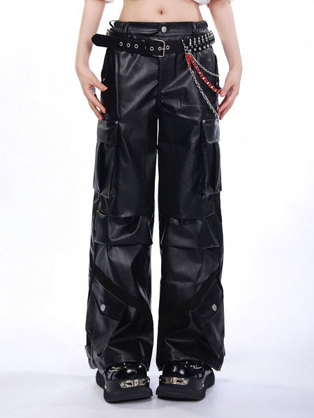 Waistband Pants Techwear Pockets Ruffle Black with Glossy Cargo Partial Tiered Elastic FashionChic
