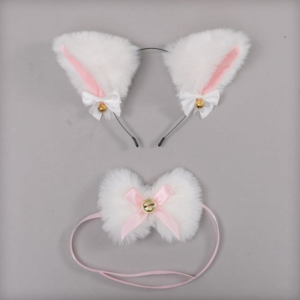 - Lolita + Tie KC Ear Bell Black / Bowknot Decorated Bow Plush White Kitty Set Sweet FashionChic