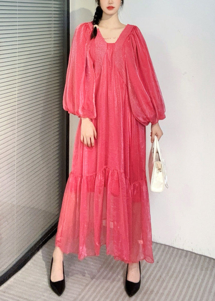 Summer New Watermelon Red V Neck Wrinkled Puff Sleeve Long Dress AO1050 JDML-FDL240909