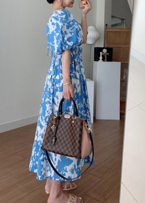 Blue Tie Waist Cotton Long Dresses Square Collar Puff Sleeve QP007 OL-SDL241001