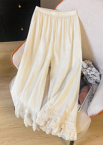 Summer Straight Lace Pants Beige Unique Patchwork Waist Elastic FashionChic