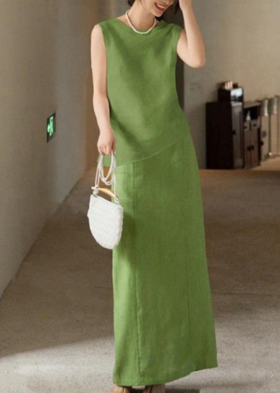 French Green O-Neck Patchwork Linen Top And Maxi Skirts Two Pieces Set Sleeveless AN1011 Genistyle Shop