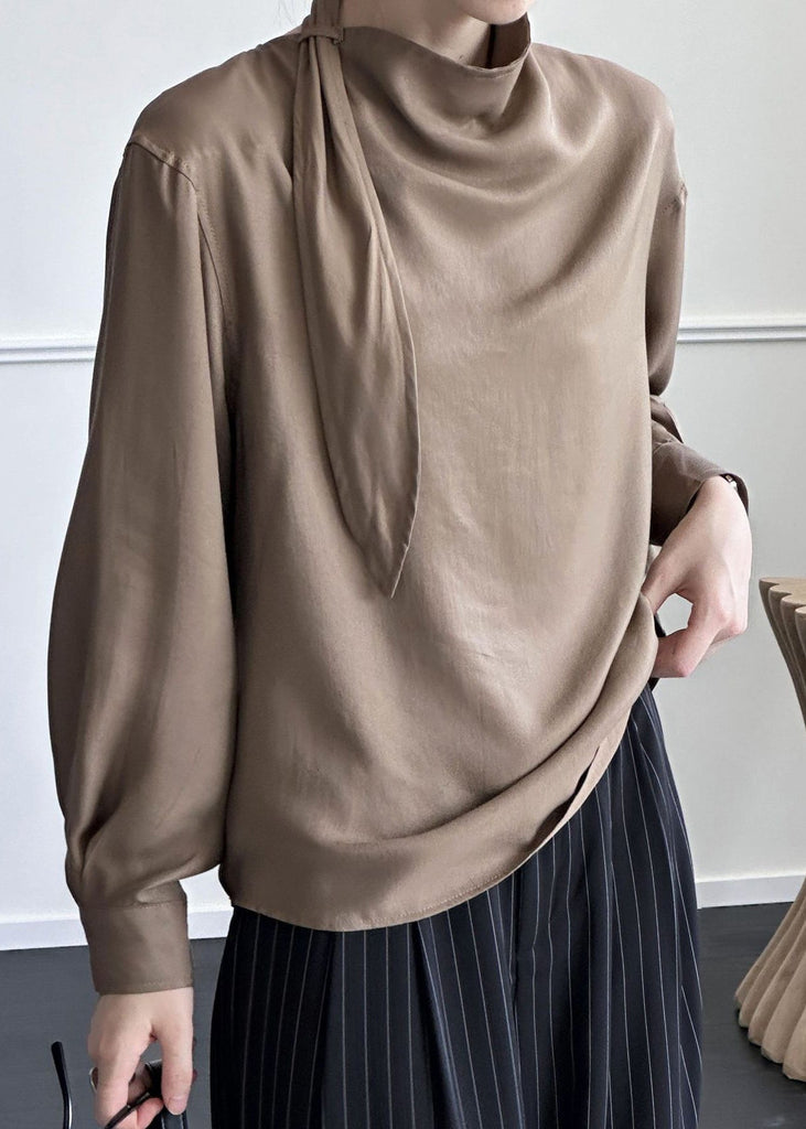 Coffee Solid Cotton Shirt Asymmetrical Fall AF1002 HS-LTP240914