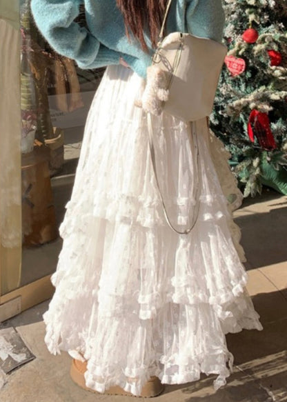 White Skirts French Ruffled High Lace Waist Spring FashionChic