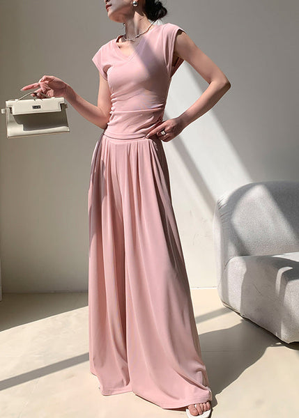 Women Pink Pockets Elastic Waist Cotton Wide Leg Pants Summer EE059 shopify