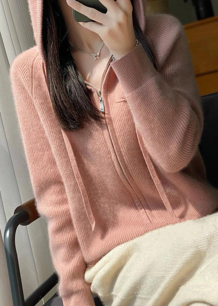 Elegant Pink Hooded Zip Up Wool Knit Coat Fall QX034 shopify