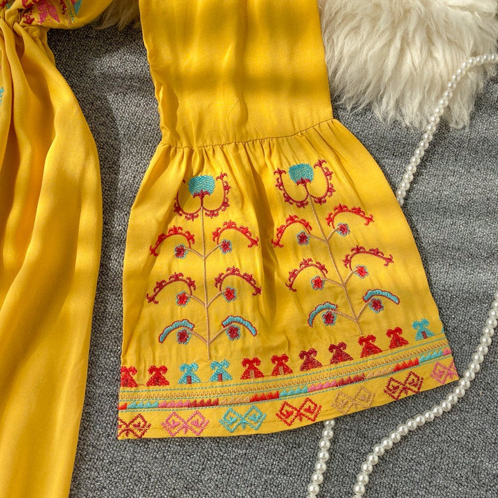 Ethnic Yellow V-Neck Embroidery Drawstring Waist Trumpet Sleeve Dress AR1008 shopify