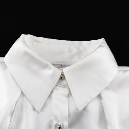 Satin Off Tie Top Sleeve Party Long Shoulder Lapel White with FashionChic