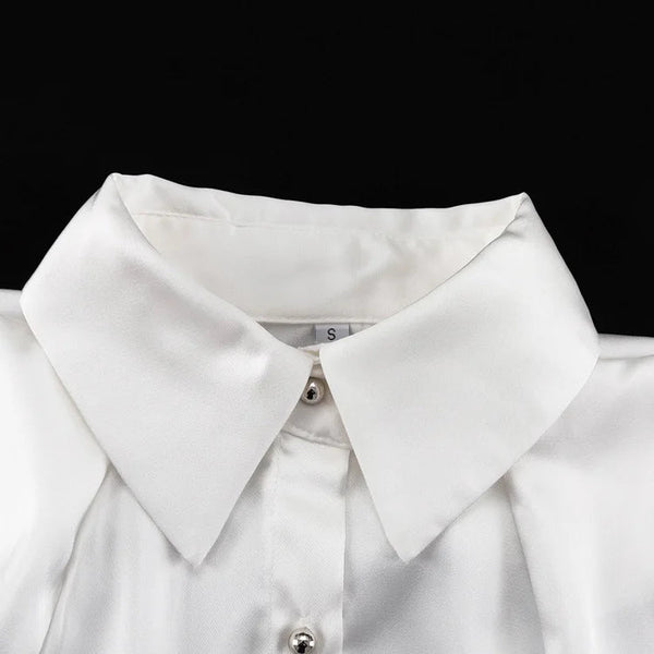 Satin Off Tie Top Sleeve Party Long Shoulder Lapel White with FashionChic