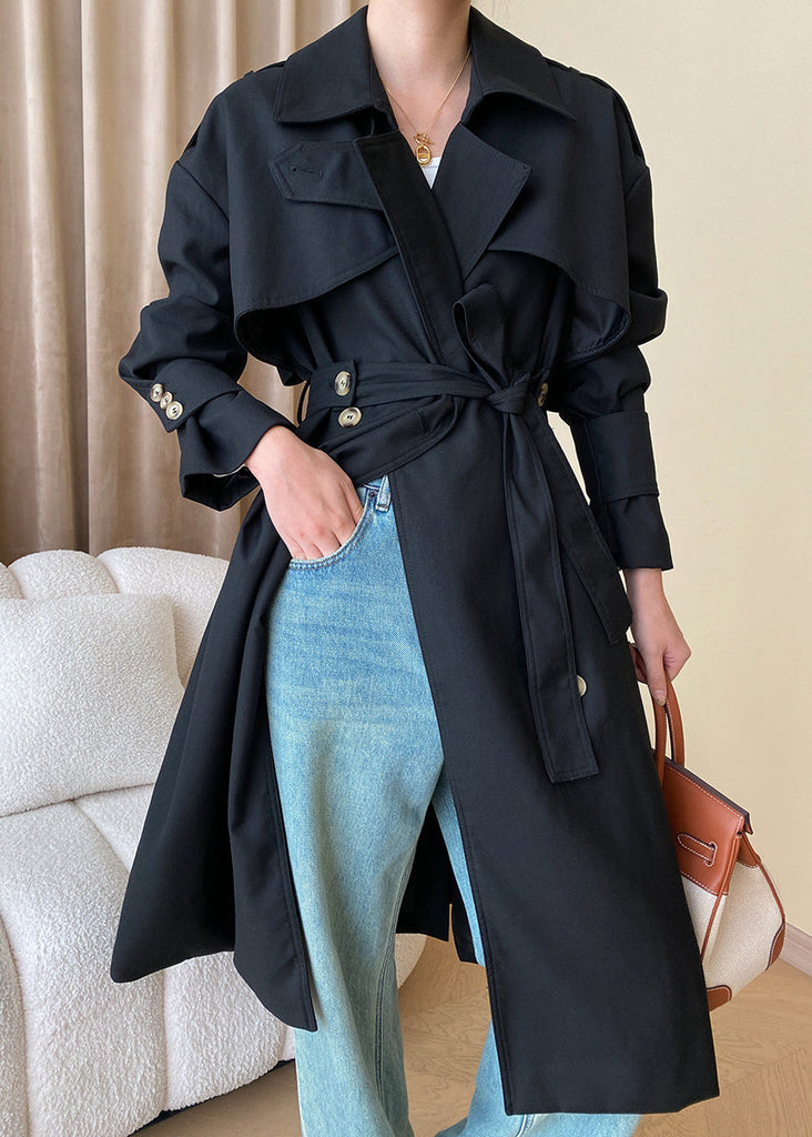 Black Button Cotton Long Trench Coat Peter Pan Collar Fall AF1034 HS-TCT240914