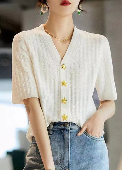 Neck Shirt Summer Knit Silm Black V Fit Style FashionChic