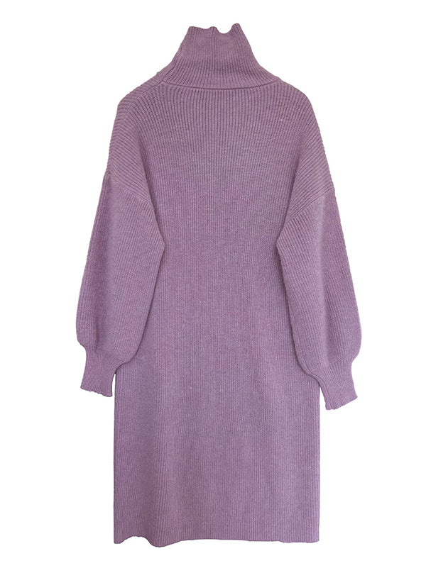 Urban Loose Purple High-Neck Long Puff Sleeve Sweater Dress AN1052 Genistyle Shop