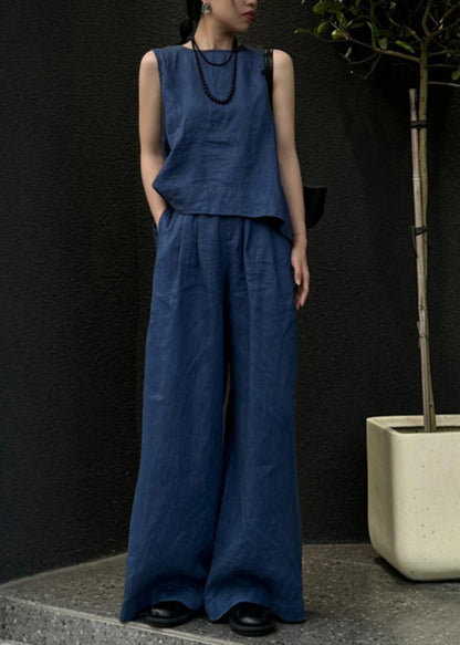 Women Blue Linen Vest And Wide Leg Pants Two Pieces Set Sleeveless AN1026 Genistyle Shop