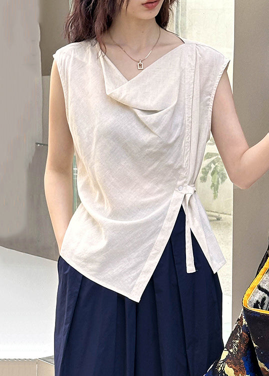 Beige Solid Cotton Blouse Tops Turtle Neck Sleeveless AF1044 HS-STP240914