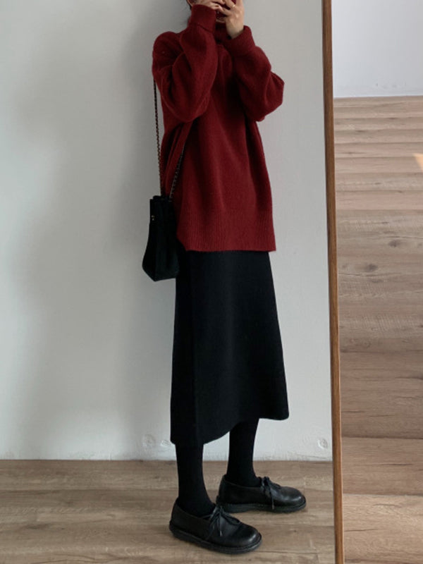 Casual Red High Neck Split Hem Long Sleeve Sweater AN1056 Genistyle Shop