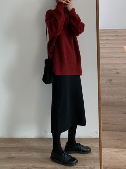 Casual Red High Neck Split Hem Long Sleeve Sweater AN1056 Genistyle Shop