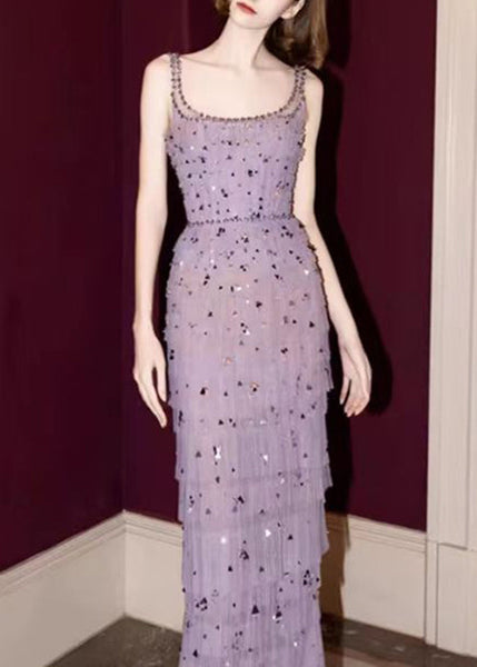 Open Ankle Side Sleeveless Tulle Dress Wrinkled Handmade Purple FashionChic