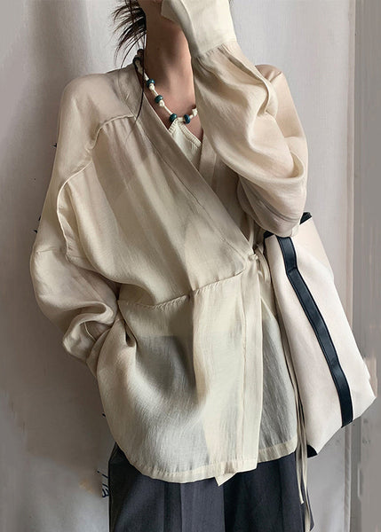 French Apricot V Neck Lace Up Silk Cotton Blouse Long Sleeve EE022 shopify