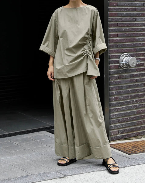 Casual Cotton Top Drawstring Sleeve Khaki Half Asymmetrical FashionChic