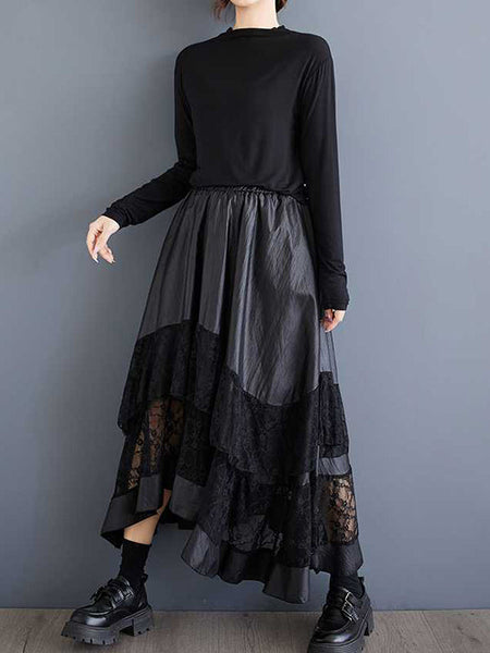 Goth Black Elasticity Layered Irregular Hem Patchwork Lace A-Line Skirt TW023 ABC