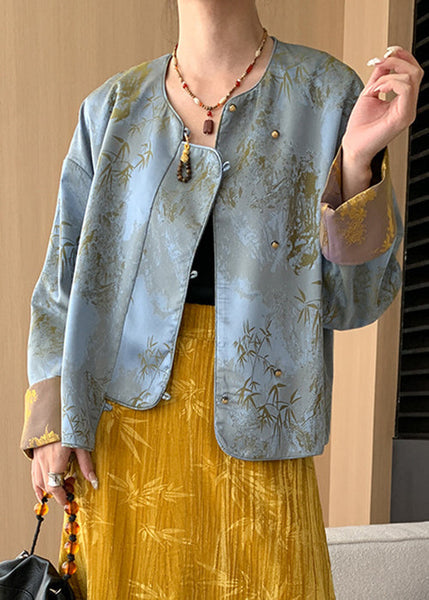 Loose Blue Button Print Silk Coats Long Sleeve AF1087 HS-CTS240914