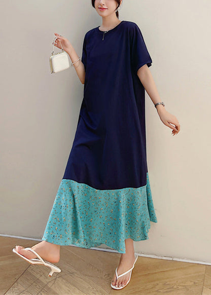 Fashion Navy Print Patchwork Fake Two Pieces Maxi Dresses Short Sleeve TT1041 shopify