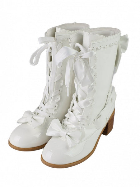 PU White Mid-heel Polished - Boots Lolita in Sweet FashionChic