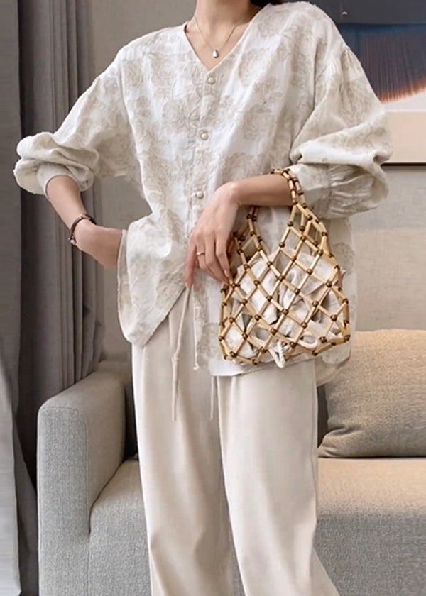 Neck Cotton Spring Apricot Button Jacquard V Casual Shirts FashionChic