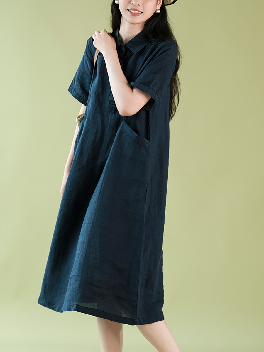 Women Summer Casual Solid Polo Collar 100%Ramie Dress CX056 ZMMM