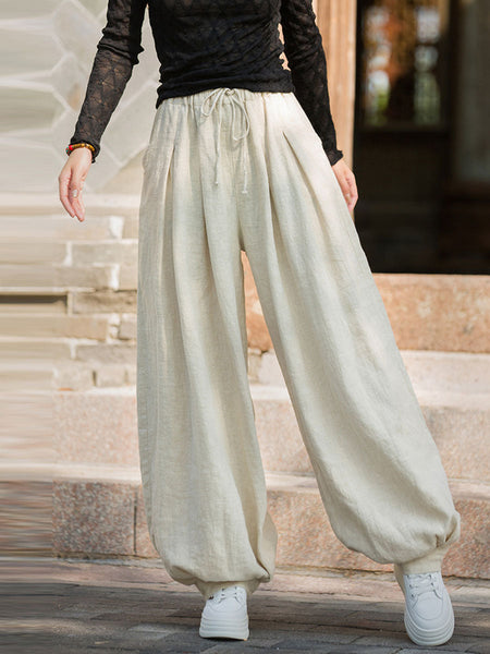 Women Autumn Vintage Solid Ramie Loose Bloomers AV1057 Genistyle Shop