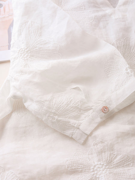 Women Summer Artsy Flower Embroidery Ramie Shirt TY1036 Ada Fashion