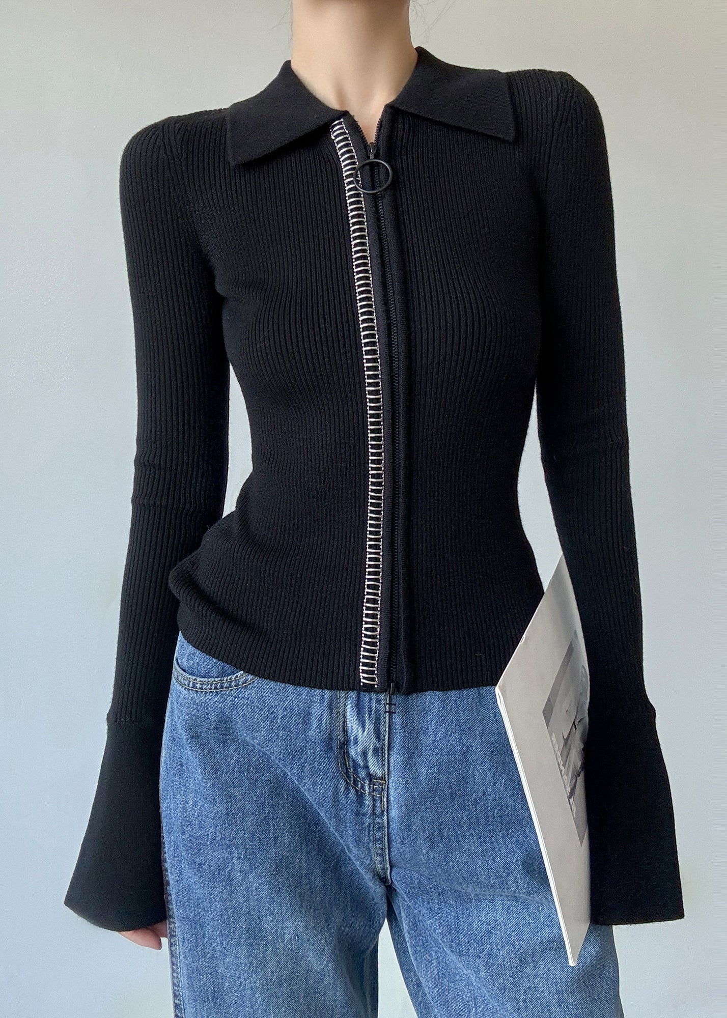 Italian Black Peter Pan Collar Zip Up Patchwork Woolen Sweaters Winter RV028 ABC