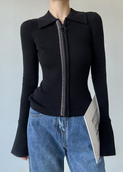 Italian Black Peter Pan Collar Zip Up Patchwork Woolen Sweaters Winter RV028 ABC