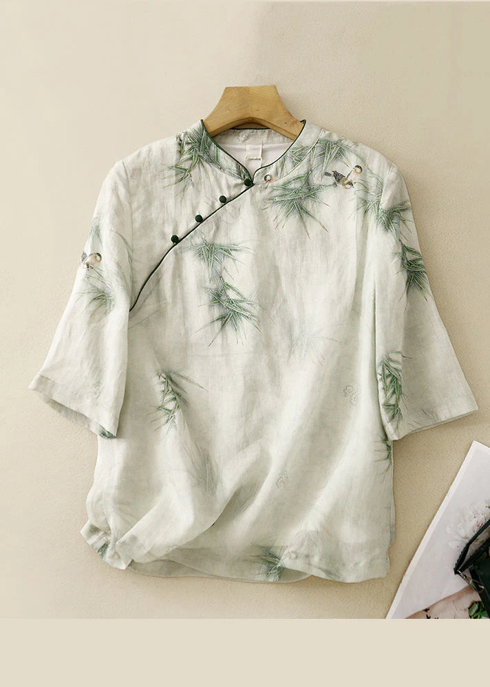 Grace Green Stand Collar Embroidered Linen Shirt Top Summer QR024 GSK-240929