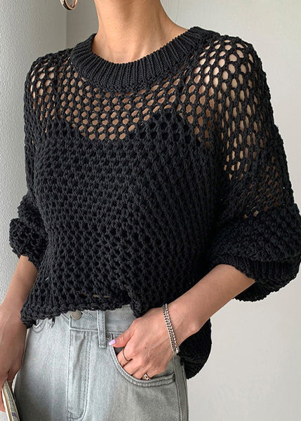 Spring Oversized Hollow Out Knit Style Sweaters Black FashionChic