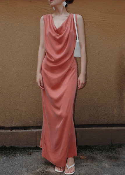 Silk Orange Sleeveless Up Solid Long Lace Women Dresses FashionChic